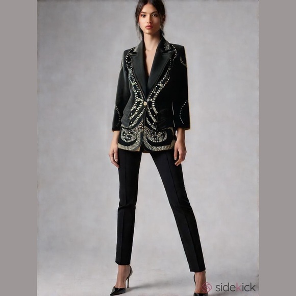 DG2 Diana Gilman Fitted Black Denim Jacket Studded Metal design sz M Mobwife - Picture 1 of 16